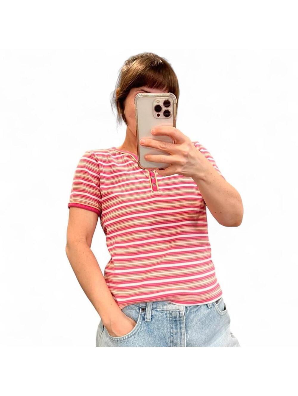 Vintage Y2K Pink Striped Baby Tee Henley Ribbed Fitted Short Sleeve Top
